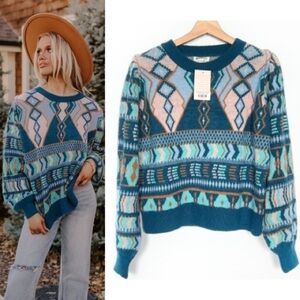 NWT &Merci Alpine Escape Fair Isle Knit Sweater Teal Pink Small